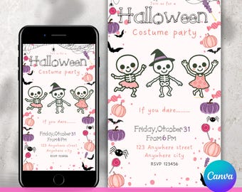 Editable Skeleton Halloween Party Invitation Kids Costume Birthday School Event Digital Download Template
