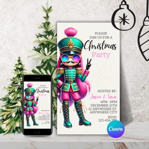 May include: A digital invitation featuring a cartoon nutcracker with pink hair and green and pink clothing. The invitation is for a Christmas party hosted by Jason and Sara. The text on the invitation reads "Please join us for a Christmas Party", "Hosted by: Jason & Sara", "6PM-11PM", "December 21th", "12 Anywhere St., Anywhere City", "RSVP: 123-456-780".