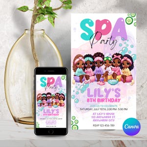 Einladung für eine Spa-Party für Kinder - Mädchen-Geburtstagsfeier-Einladung bearbeitbar - Spa-Thema - Mädchenparty - braunes Mädchen