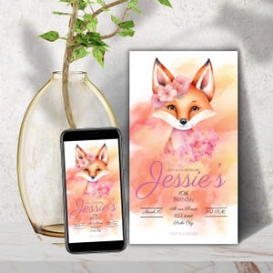 Adorabile invito di compleanno per ragazze a tema volpe - Invito a una festa modificabile - Festa per ragazze - Tema animali