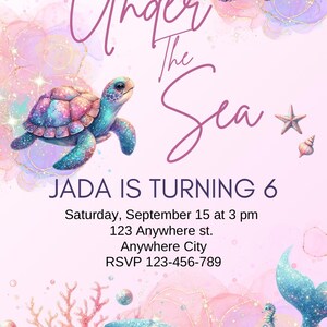 Close-up of an Under the Sea-themed birthday invitation featuring colorful ocean creatures, such as a whale, turtle, and octopus,