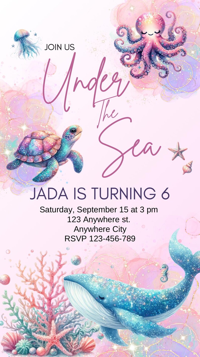 Close-up of an Under the Sea-themed birthday invitation featuring colorful ocean creatures, such as a whale, turtle, and octopus,