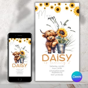 Highland Cow Birthday Invitation Sunflower Theme | Editable Canva Template | Farm Animal Party Invite | Digital Download | No Print