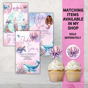Collection of matching Under the Sea-themed party items available for purchase, including invitations, a mermaid-themed card, cupcake toppers, and other customizable designs. Text highlights ‘Matching Items Available in My Shop - Sold Separately.