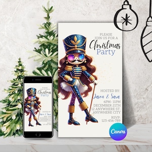May include: A Christmas party invitation featuring a cartoon illustration of a nutcracker with blue and gold accents, wearing sunglasses and a blue and gold uniform. The text on the invitation reads "Please join us for a Christmas Party" and includes the party details: Hosted by: Jason & Sara, 6PM-11PM, December 21th, 12 Anywhere St., Anywhere City, RSVP: 123-456-789. The invitation is designed with a white background and a blue and gold color scheme.