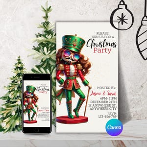 May include: A Christmas party invitation featuring a cartoon nutcracker soldier in a green and red uniform, sunglasses, and a mustache. The invitation includes the text "Christmas Party", the hosts' names, date, time, and RSVP information.