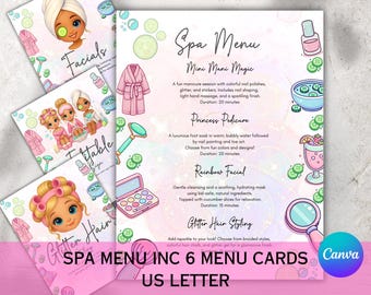 May include: Spa menu cards featuring illustrations of spa treatments like facials, manicures, and pedicures. The cards have a pink and green color scheme with text that reads "Spa Menu Inc 6 Menu Cards US Letter."