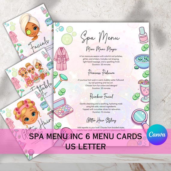 Kids Spa Party Menu Template | Editable Birthday Printables (Instant Download)