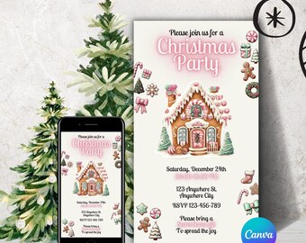 Grillige kerstfeestuitnodiging met peperkoek, afdrukbare feestelijke vakantieuitnodiging, ontwerp met pastel snoepthema