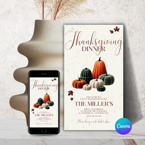 Bellissimo set di inviti per la cena del Ringraziamento - Tema del raccolto autunnale con zucche, menu e RSVP, invito stampabile per riunioni di festa