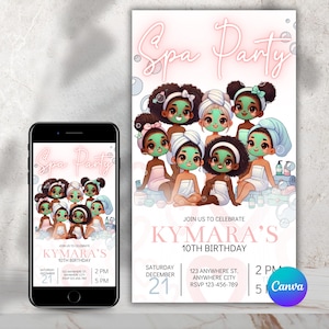Invitation de fête d'anniversaire de spa | Invitation modifiable à une fête pour filles | Téléchargement numérique | Modèle de toile de jour de spa sommeil
