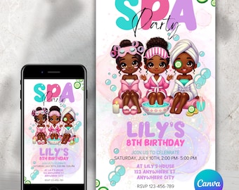 Invitation for a  Spa Party for Kids - Girls Birthday Celebration Invitation Editable - Spa theme - Girls party- brown girl