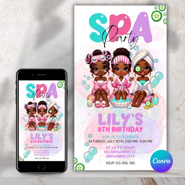 Invitation for a  Spa Party for Kids - Girls Birthday Celebration Invitation Editable - Spa theme - Girls party- brown girl