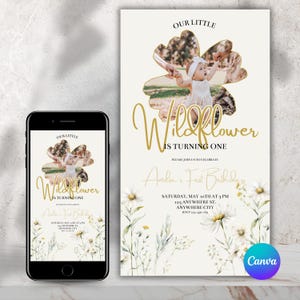 Wildflower First Birthday Invitation | Boho Floral 1st Birthday Girl Invite | Editable Canva Template | Digital Download | Photo Wild One