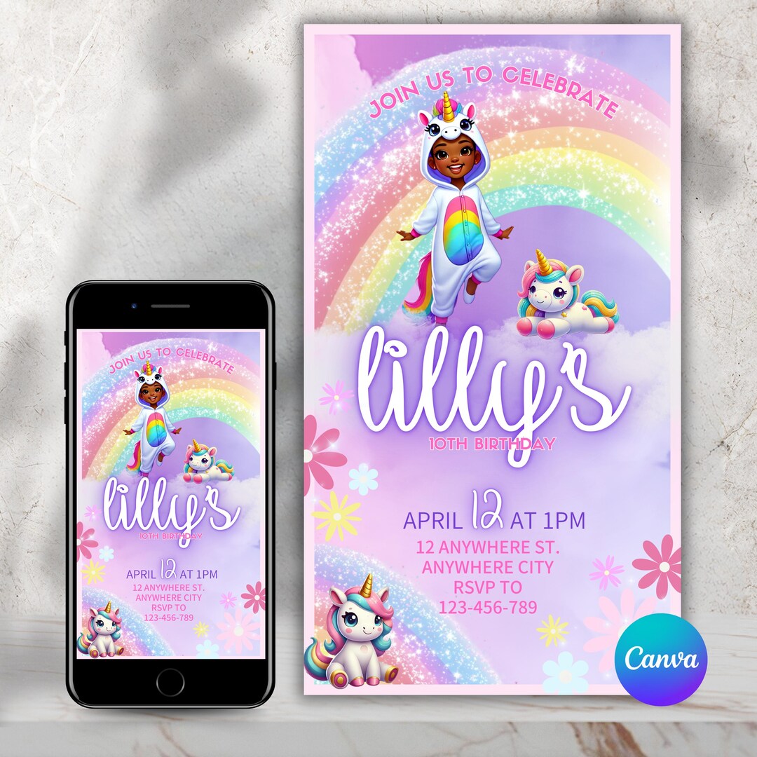 Unicorn Birthday Invitation, Editable Digital Party Invite, Girls ...