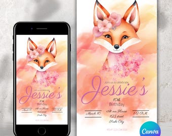 Faire-part d'anniversaire renard : thème floral aquarelle (modifiable)