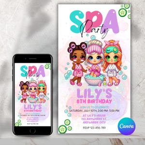 Uitnodiging voor een spafeest voor kinderen -  uitnodiging verjaardagsviering meisjes bewerkbaar - thema spa - meisjesfeest