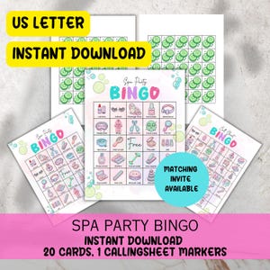 Bingogame spafeest voor kinderen Afdrukbare bingokaarten met spa-thema voor verjaardagsfeestjes en logeerpartijtjes