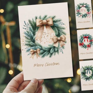 Elegant Christmas Wreath Greeting Cards Set - 4 Printable Holiday Card Designs with Festive Bows Christmas card Merry Christmas greetings