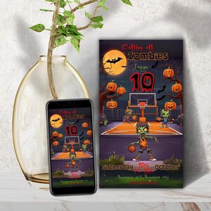 Faire-part d'anniversaire Halloween zombie basket-ball, invitation de fête d'anniversaire fantasmagorique, téléchargement numérique personnalisable, thème de la fête d'Halloween