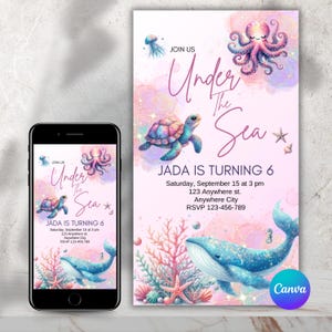 Close-up of an Under the Sea-themed birthday invitation featuring colorful ocean creatures, such as a whale, turtle, and octopus,