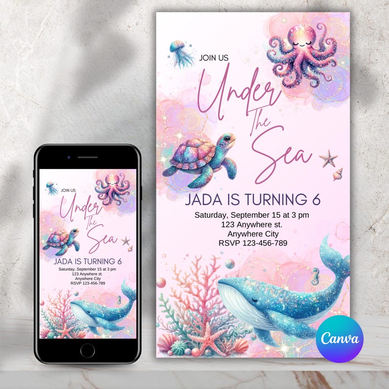 Close-up of an Under the Sea-themed birthday invitation featuring colorful ocean creatures, such as a whale, turtle, and octopus,