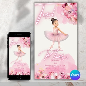 Invito di compleanno per ballerina, download digitale modificabile / Invito per festa di compleanno per bambina con tutù rosa / Tema di balletto floreale / Modello di compleanno per danza