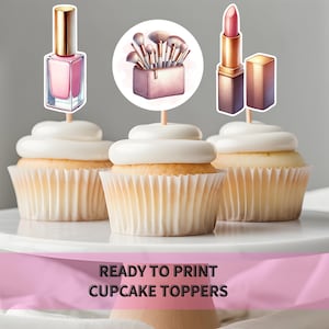 May include: Three cupcake toppers featuring makeup themed designs. The toppers are printed on white cardstock and feature a pink nail polish bottle, a set of makeup brushes in a pink case, and a pink lipstick. The toppers are ready to print and use for a makeup themed party.