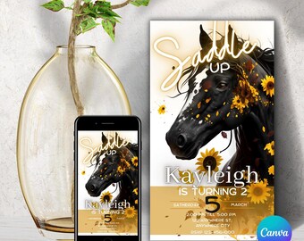 Saddle Up Horse-Themed Birthday Invitation Template - Sunflowers - Horse theme - Editable Canva Design