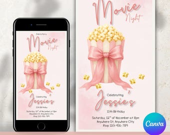 Invitación para una noche de cine con palomitas rosas, cumpleaños de niña (edición digital editable en Canva)