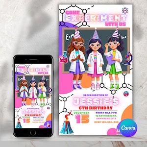 Invitación de cumpleaños de ciencia personalizada Invitación a una fiesta de experimentos STEM Tarjeta de cumpleaños de científica loca personalizada para niñas Plantilla digital editable