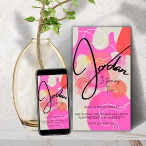 Abstract Watercolor Birthday Invitation for Kids - Editable Birthday Party Invite - Customizable Digital Download - Modern Design