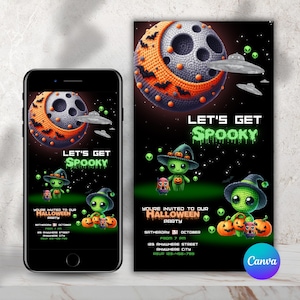 May include: A Halloween party invitation with a black background. The design features a glowing green "Let's Get Spooky" text, a crescent moon with bats, and cartoon aliens. The invitation includes party details.