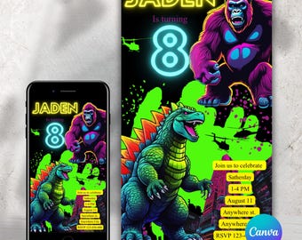 Neon Gorilla Birthday Party Invitation - Customizable for Any Age, Digital Kids Party Invite, Custom Editable , Boy’s Birthday Bash