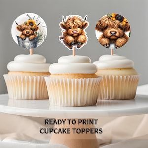 Highland Cow Cupcake Toppers | Cute Farm Animal Birthday Party Decor | Baby Shower Printable Toppers | Instant Download