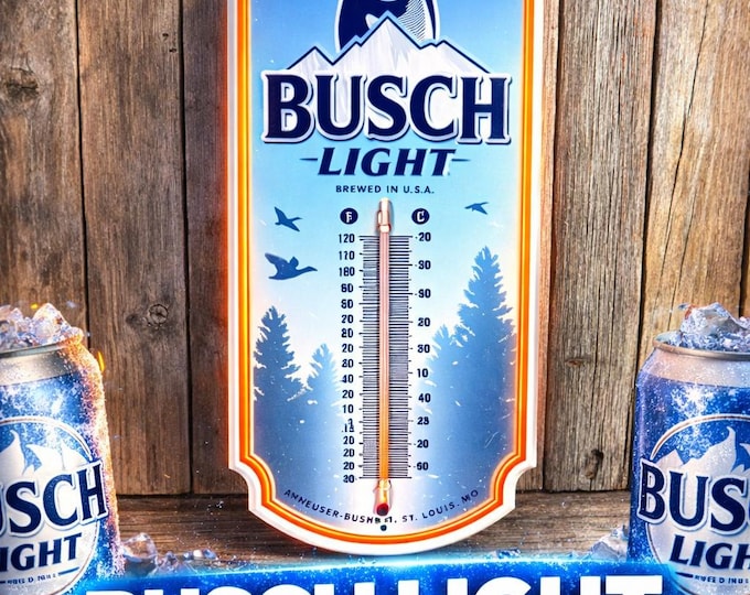 BUSCH LIGHT Embossed Metal Thermometer – 17.5" x 6.6" – Official Licensed Beer Sign – Deer Hunter Christmas Gift – Outdoor Thermometer