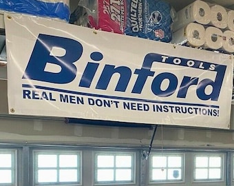 Binford Tools Banner Real Men Don’t Need Instructions Garage Shop Sign Mancavedecor 18x72