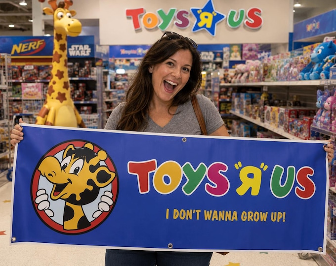 Toys R Us Vintage Banner 48x18 Retro Toy Store Banner, I Don't Wanna Grow Up Sign, Nostalgic mancavedecor