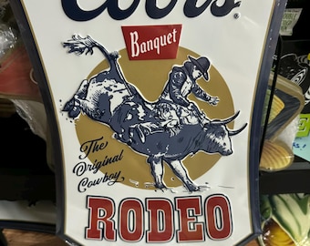 Coors Banquet Rodeo Metal Sign – “The Original Cowboy” Bull Rider Wall Art – 14.7" x 9.8" – Western Bar Decor, Mancave Decor, Rodeo Gift