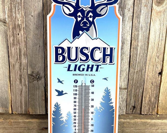 BUSCH LIGHT Embossed Metal Thermometer – 17.5" x 6.6" – Official Licensed Beer Sign – Deer Hunter Christmas Gift – Outdoor Thermometer