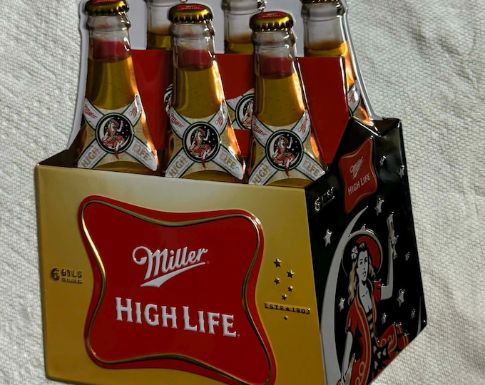 Miller High Life 6 Pack Tin Sign – 2011 Embossed Die Cut Beer Wall Decor – 11.5” x 15” Champagne of Beers Bar Sign