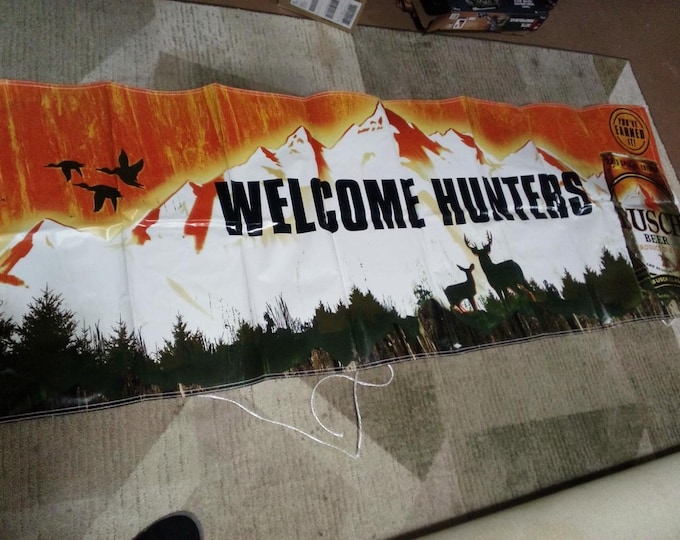 Busch Light Welcome Hunters Outdoor Banner | Large Hunting Camp Wall Decor | Deer Duck Mountain PVC Banner 90” x 28”