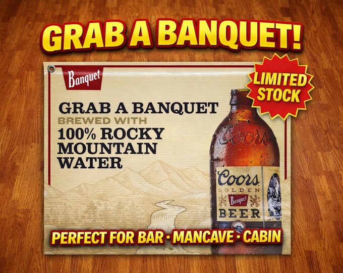 Coors Banquet Banner 24x30 | Rocky Mountain Beer Bar Decor | Vintage Style Man Cave Garage Wall Banner