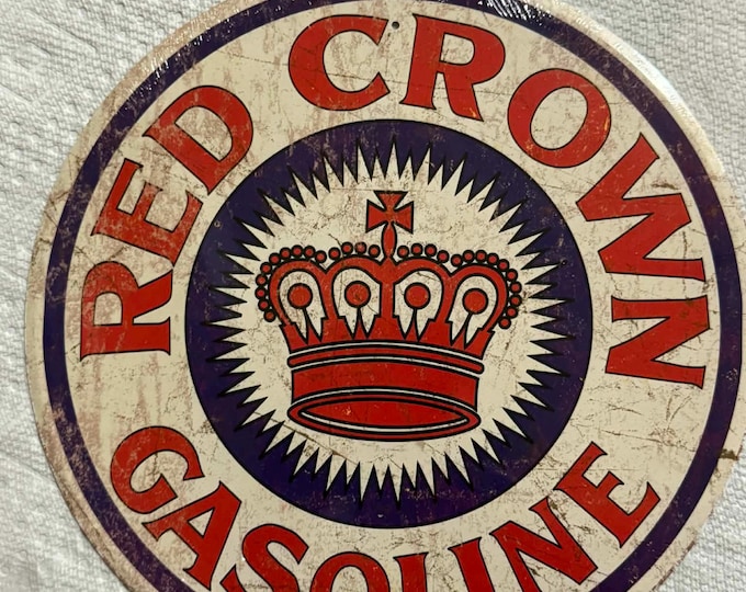 Red Crown Gasoline 12" Round Tin Sign – Vintage Style Oil & Gas Wall Decor – Retro Service Station Garage Sign