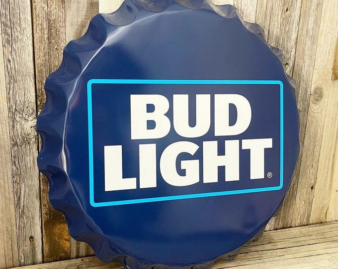 Bud Light Bottle Cap Sign 18” • Metal Bar Sign • Beer Bar Decor • Mancavedecor • Vintage Style Wall Art • Christmas Gift for Him