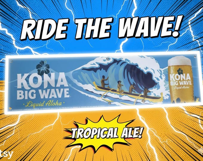 Kona Big Wave Banner 60x15 Beer Bar Decor | Tropical Surf Mancave Decor | Hawaii Beer Wall Banner Garage Tiki Bar Decor