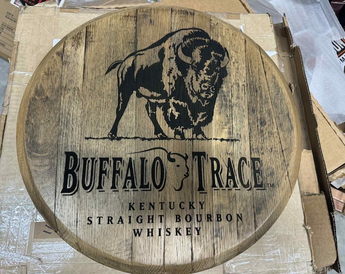 Buffalo Trace Bourbon Barrel Head Sign – 22" Kentucky Whiskey Barrel Lid, Rustic Wood Bar Decor, Man Cave Wall Art