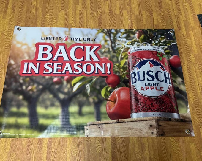 Busch Light Apple Banner 36x24 Back In Season Beer Banner | Bar Decor | Mancave Decor Wall Banner Apple Orchard