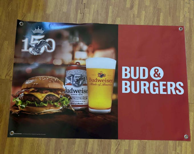 Budweiser Bud & Burgers Banner 36x24 Beer Food Bar Banner Kitchen Mancavedecor Garage Wall Decor