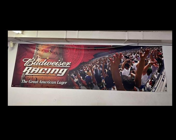 Budweiser Racing Banner – 3x10 ft Heavy Vinyl “The Great American Lager” Beer Sign, NASCAR Bar Garage Decor